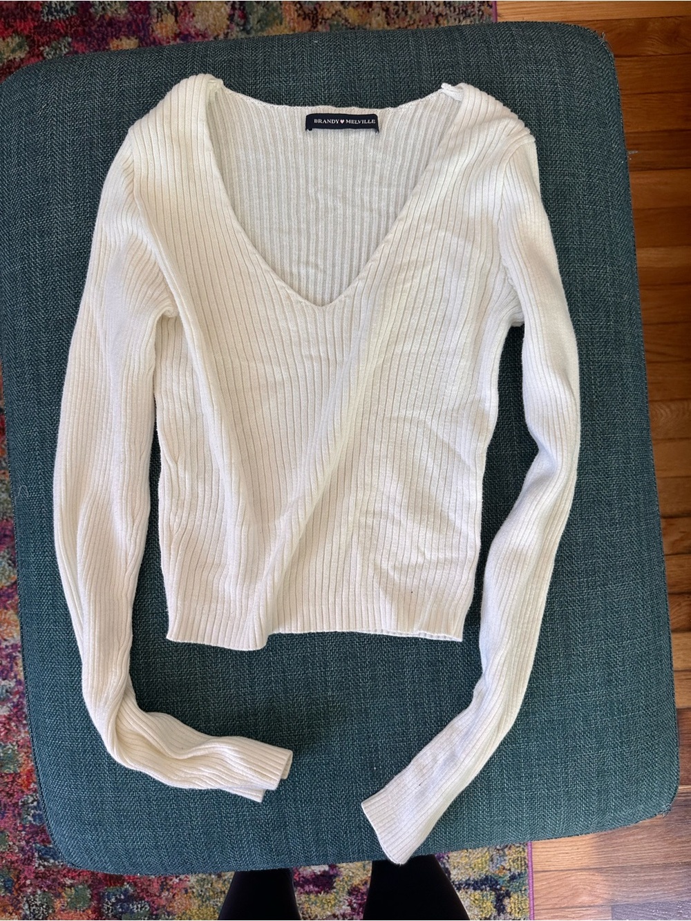 Brandy Melville Cream Ribbed V-Neck Pullover